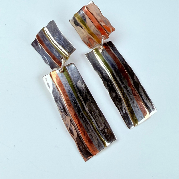 Artisan Modernist Mexico Sterling Silver 925 Copper Brass Dangle VTG Earrings